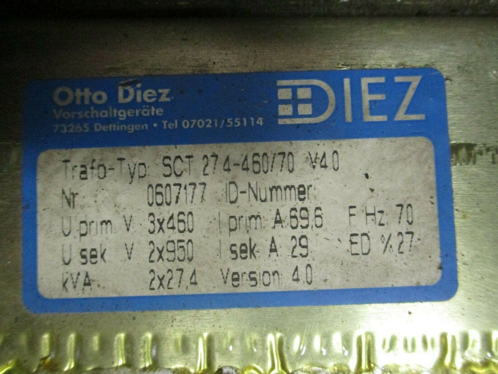 Diez Magnetic Ballast SCT 274-460/70 V40 Ver. 4.0 2x 27.4kVA Pri: 3x460V 70Hz
