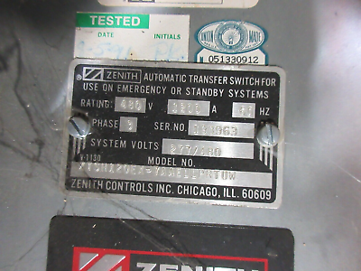 Zenith Automatic Transfer Switch ZTSH120EX-7AAELLPRTUW 1200A 480V 60Hz 3PH Used