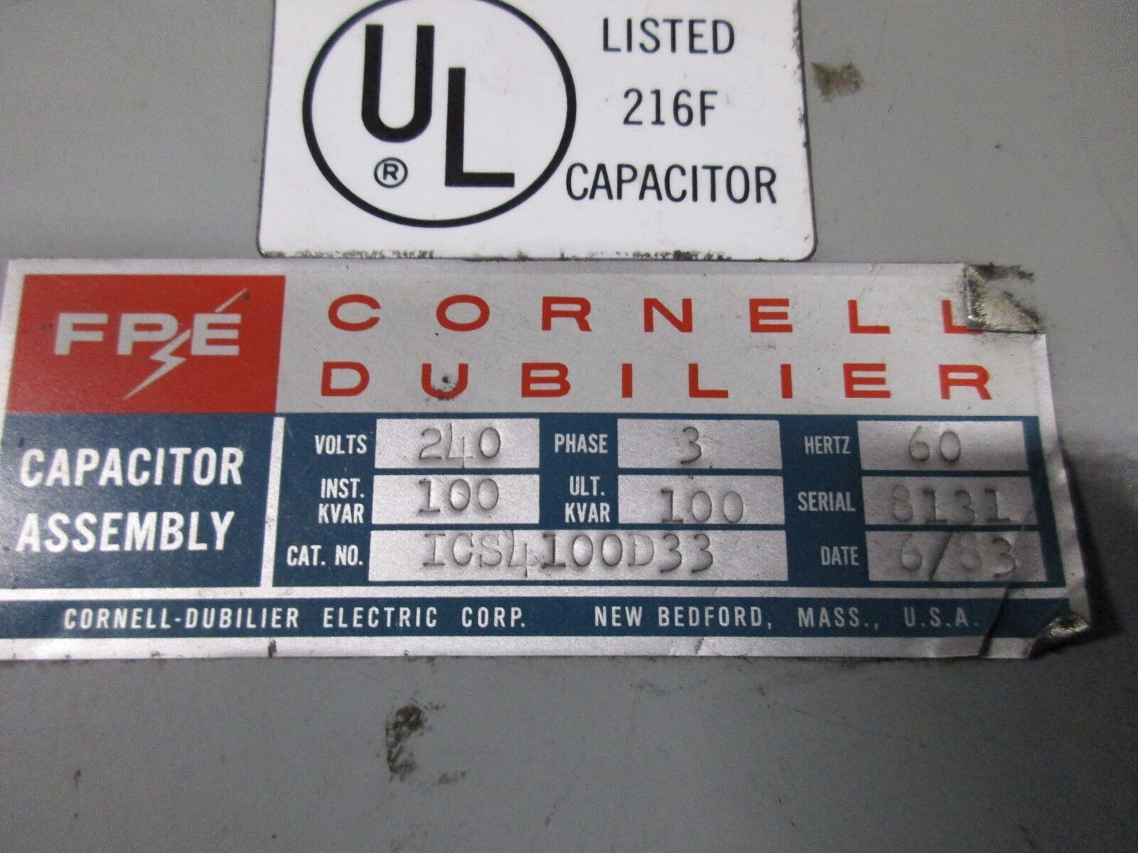 FPE/Cornell Dubilier Capacitor w/ Disconnect ICS4100D33 100 KVAR 240V 3Ph Used