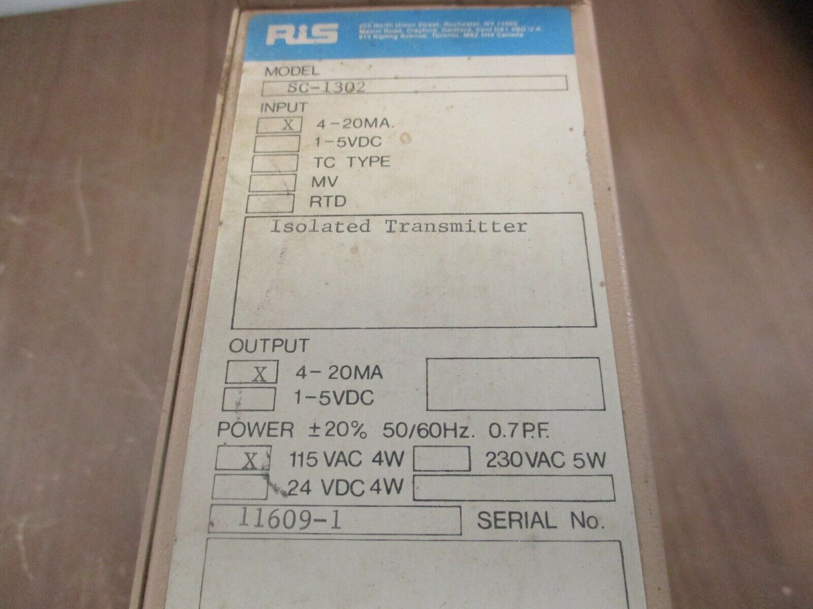 RIS Isolated Transmitter SC-1302 115VAC 4-20mA Used *Missing (1) Terminal Screw*