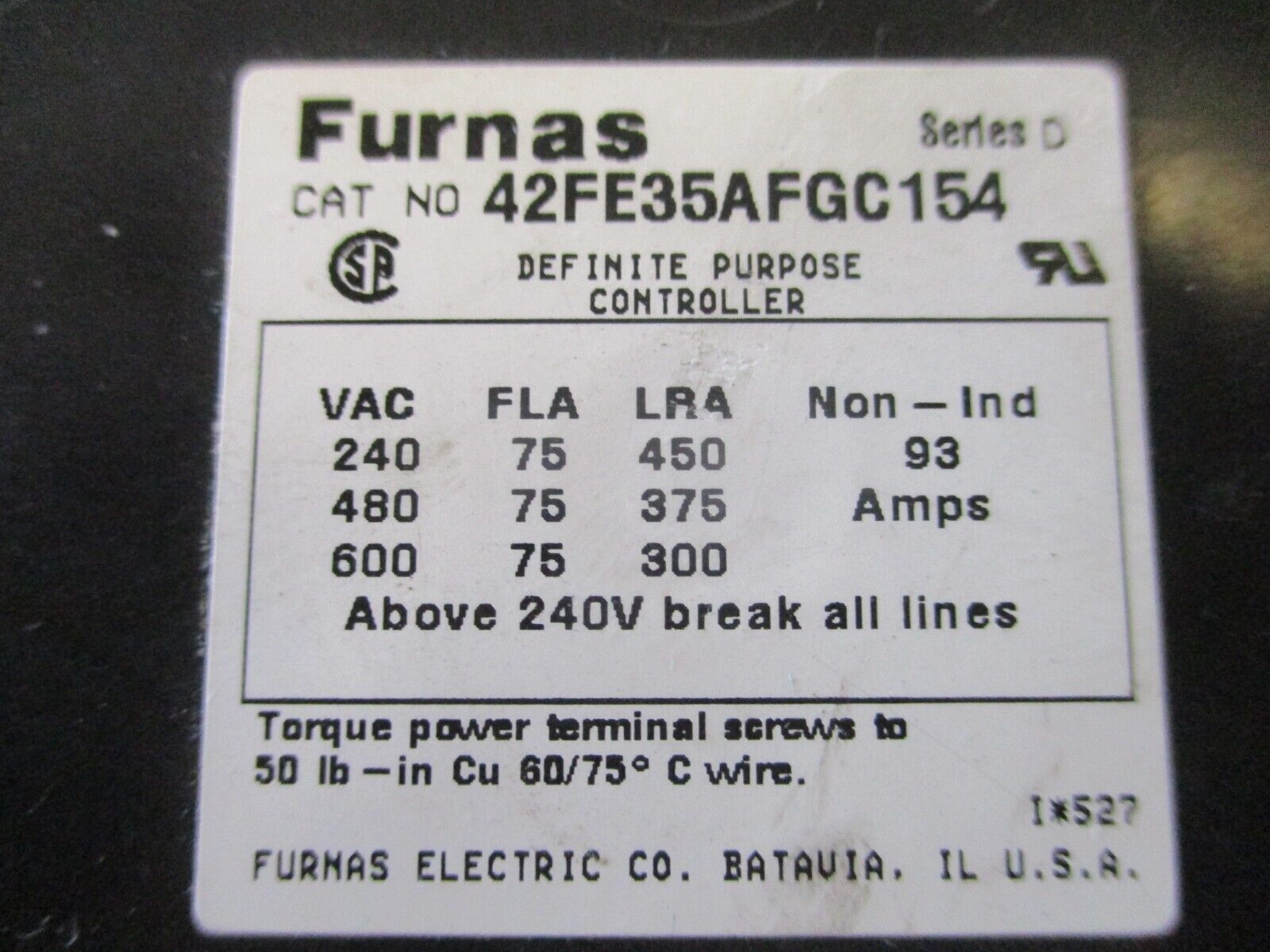 Furnas Definite Purpose Contactor 42FE35AFGC154 Ser.D 120V Coil 75A 600V Used.