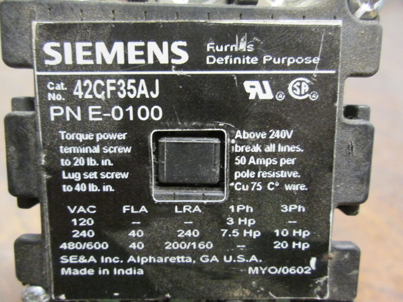 Siemens Definite Purpose Contactor 42CF35AJ 24V Coil 40A 600V Used