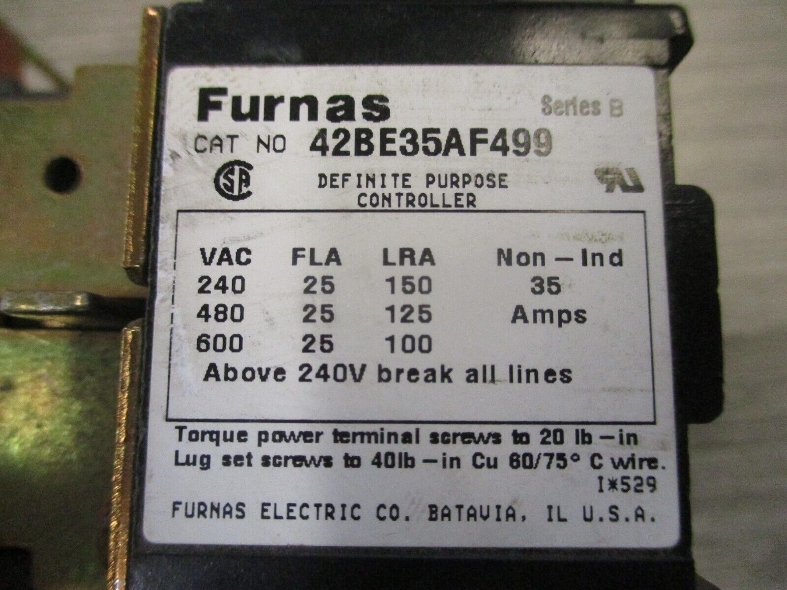 Furnas Definite Purpose Contactor 42BE35AF499 Ser. B 120V Coil 25A 600V Used