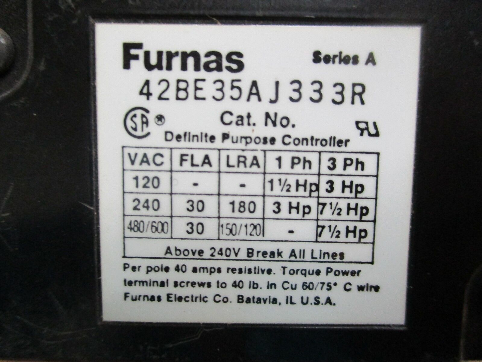 Furnas Definite Purpose Contactor 42BE35AJ333R 24V Coil 30A 600V Used