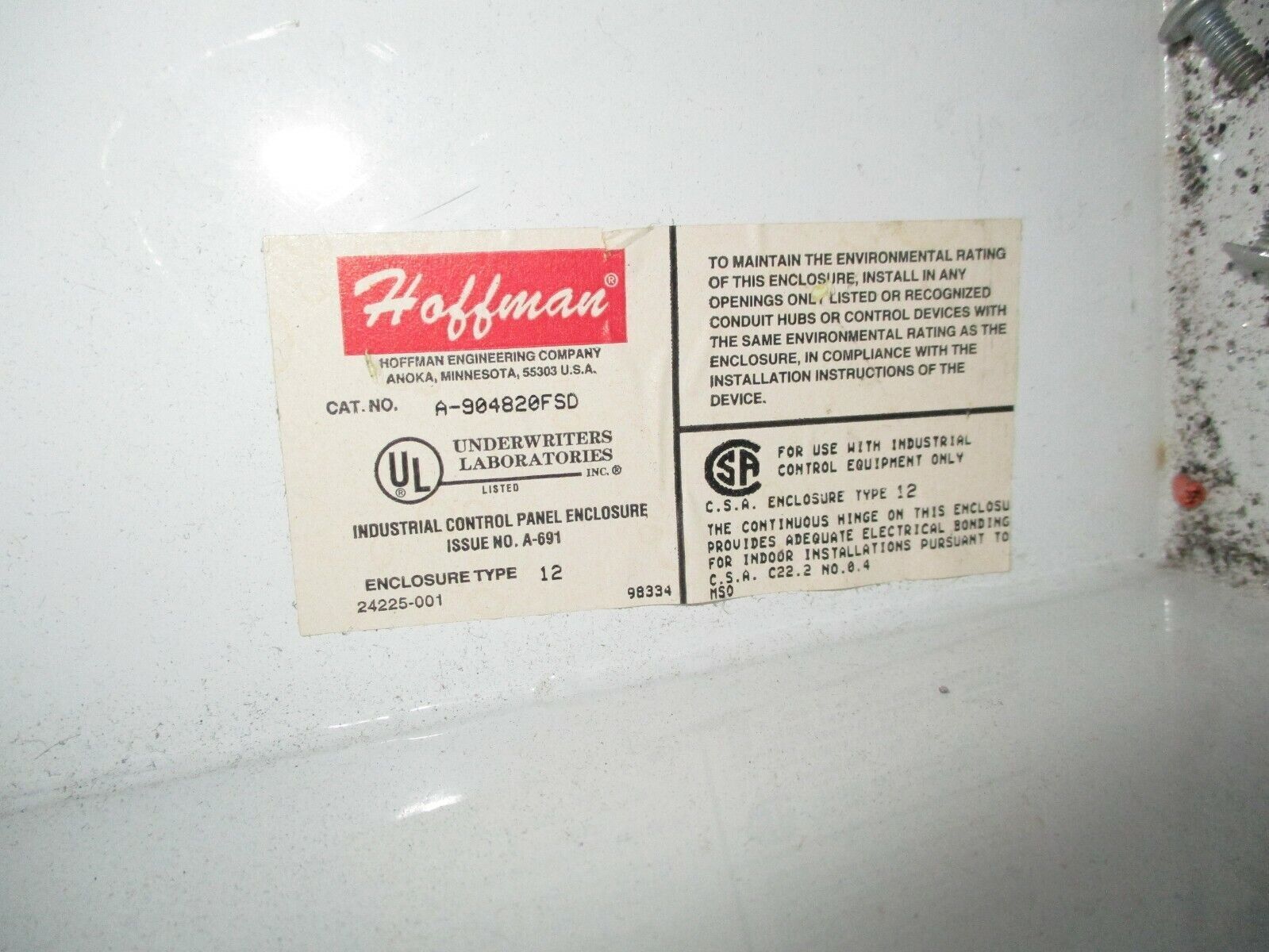 Hoffman Type 12 Enclosure A-904820FSD Size: 90x48x20" Used