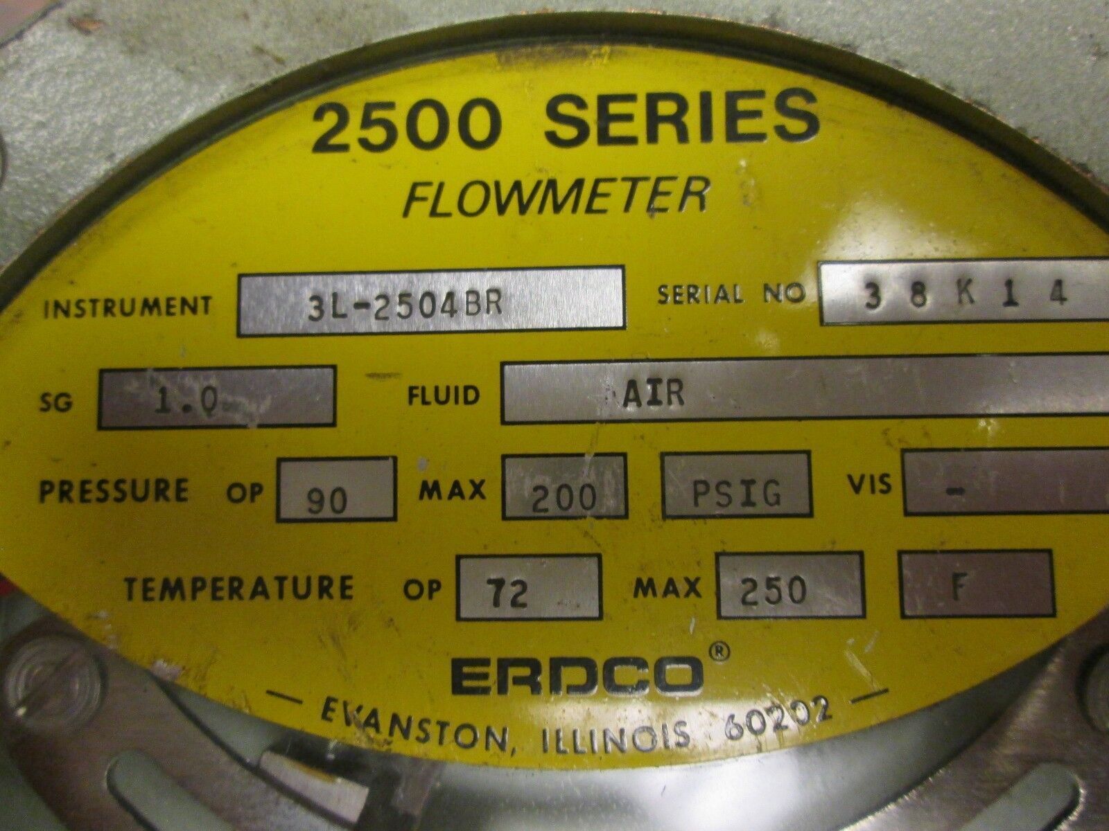 ERDCO 2500 Series Flowmeter 3L-2504BR Fluid: AIR Pressure: 90 OP 200Max Used