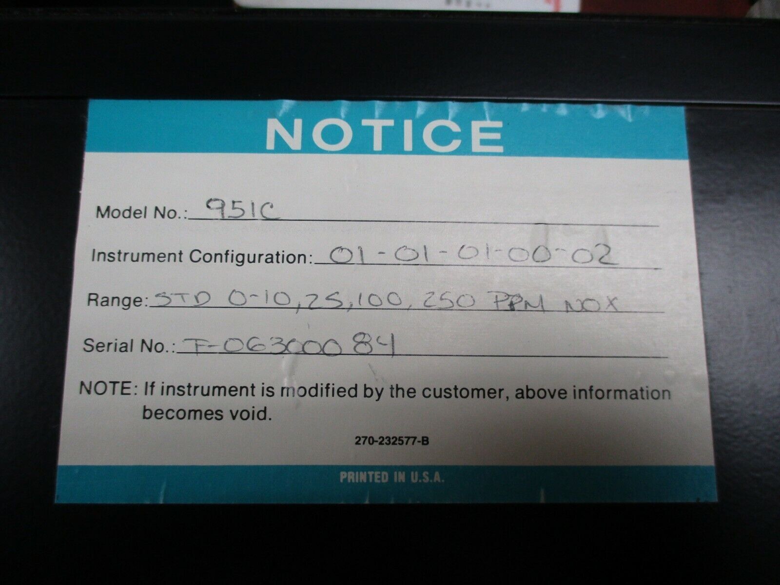 Rosemount Analytical NOx Analyzer 951C Instrument Config: 01-01-01-00-02 Used