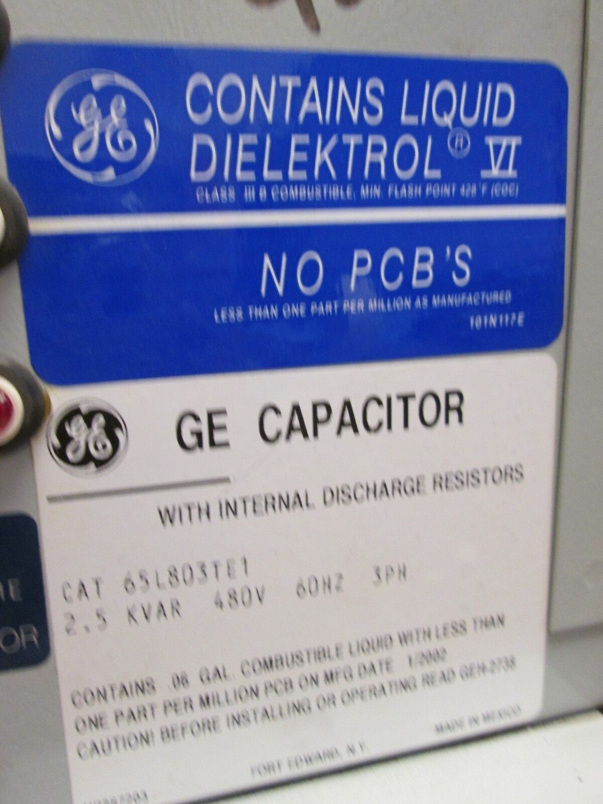 GE Capacitor 65L803TE1 2.5KVAR 480V 60Hz 3Ph Used