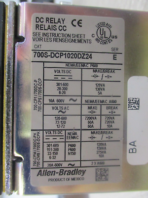 Allen-Bradley Safety Control Relay 700S-DCP1020DZ24 Ser. E 24VDC Coil Used