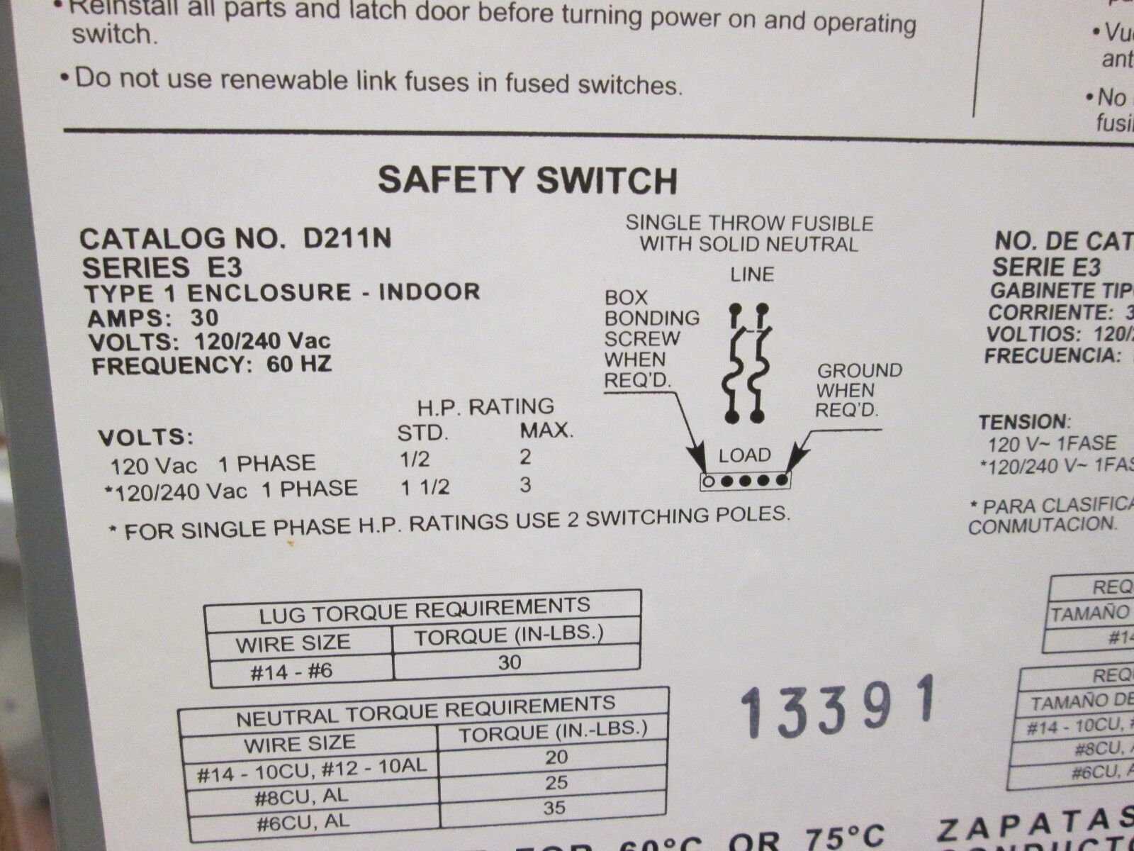Square D Fusible Safety Switch D221N 30A 240V 3Ph Used