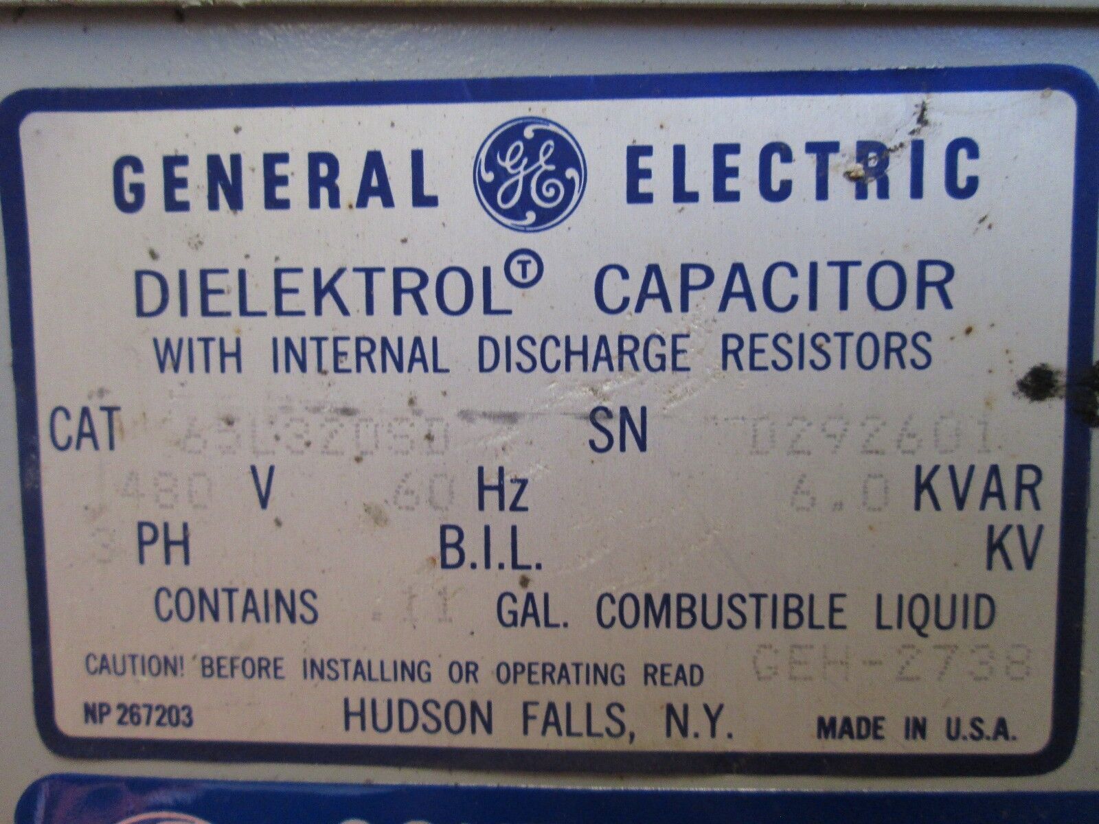 GE Dielektrol Capacitor 65L320SD 6 KVAR 480V 60Hz 3Ph Used