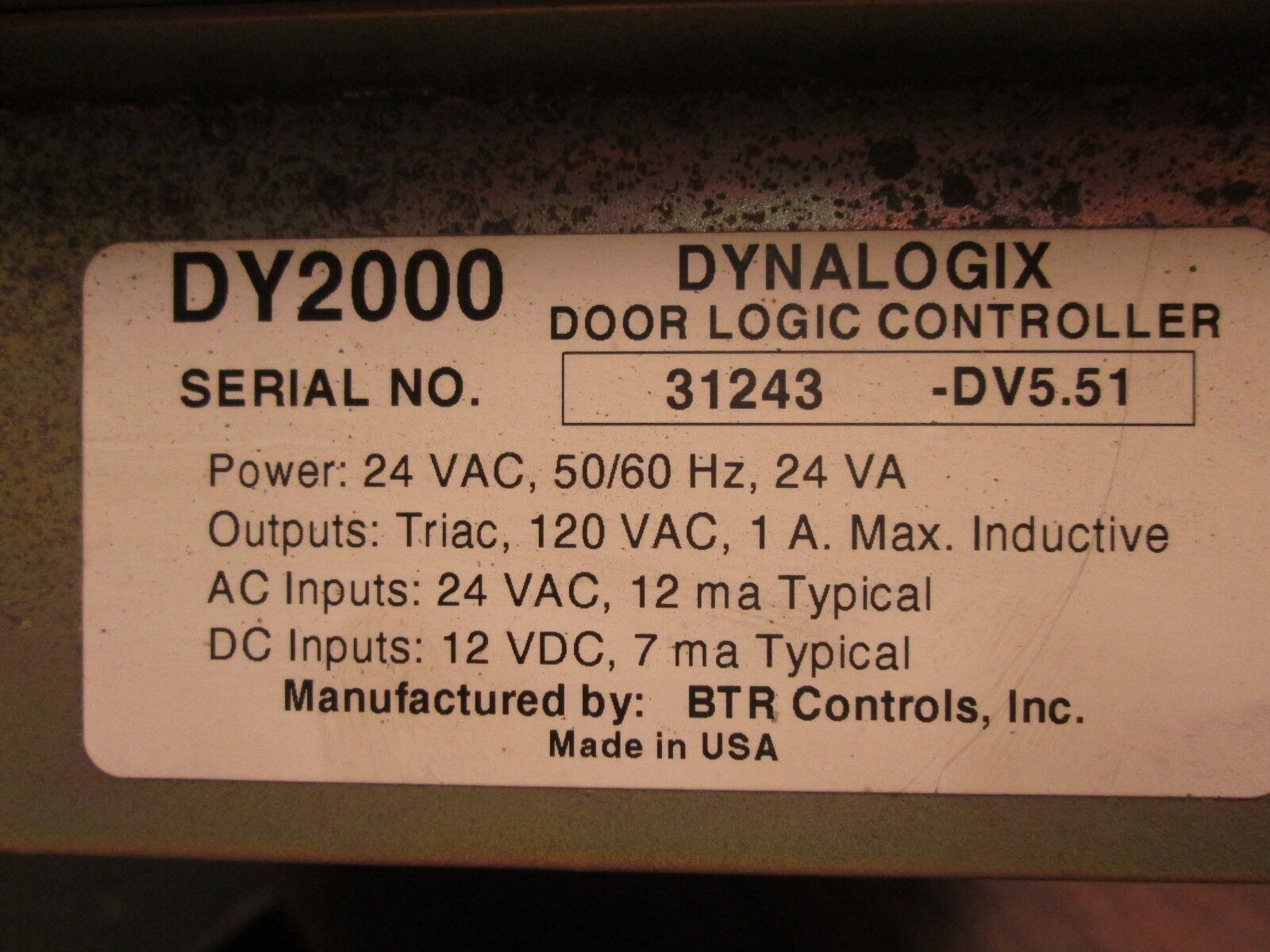 Dynaco DynaLogix Door Logic Controller DY2000 24V 50/60Hz 24VA Used