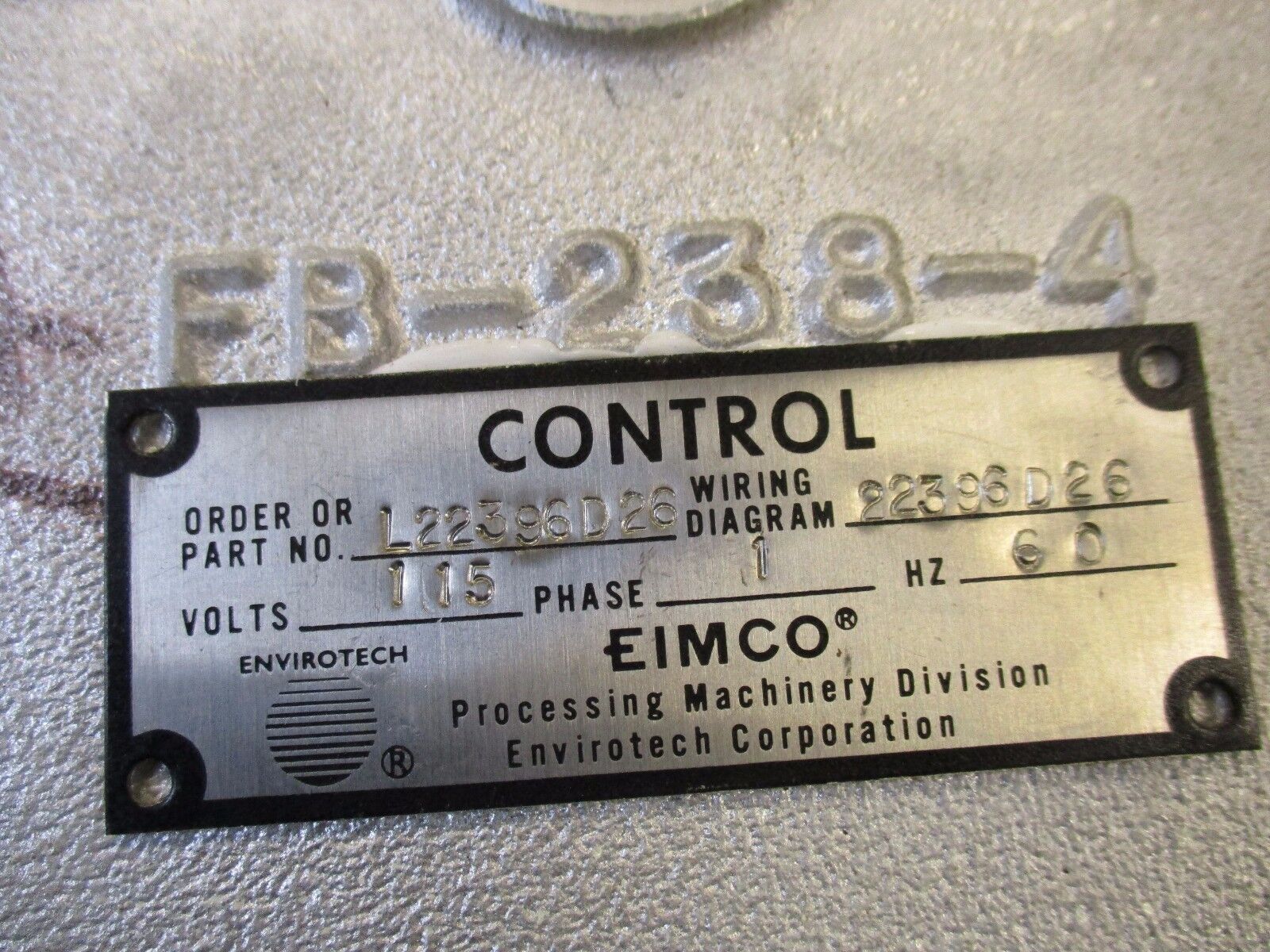 Eimco Explosion Proof Control Box w/ Button L22396D26 115V 1Ph 60Hz Used
