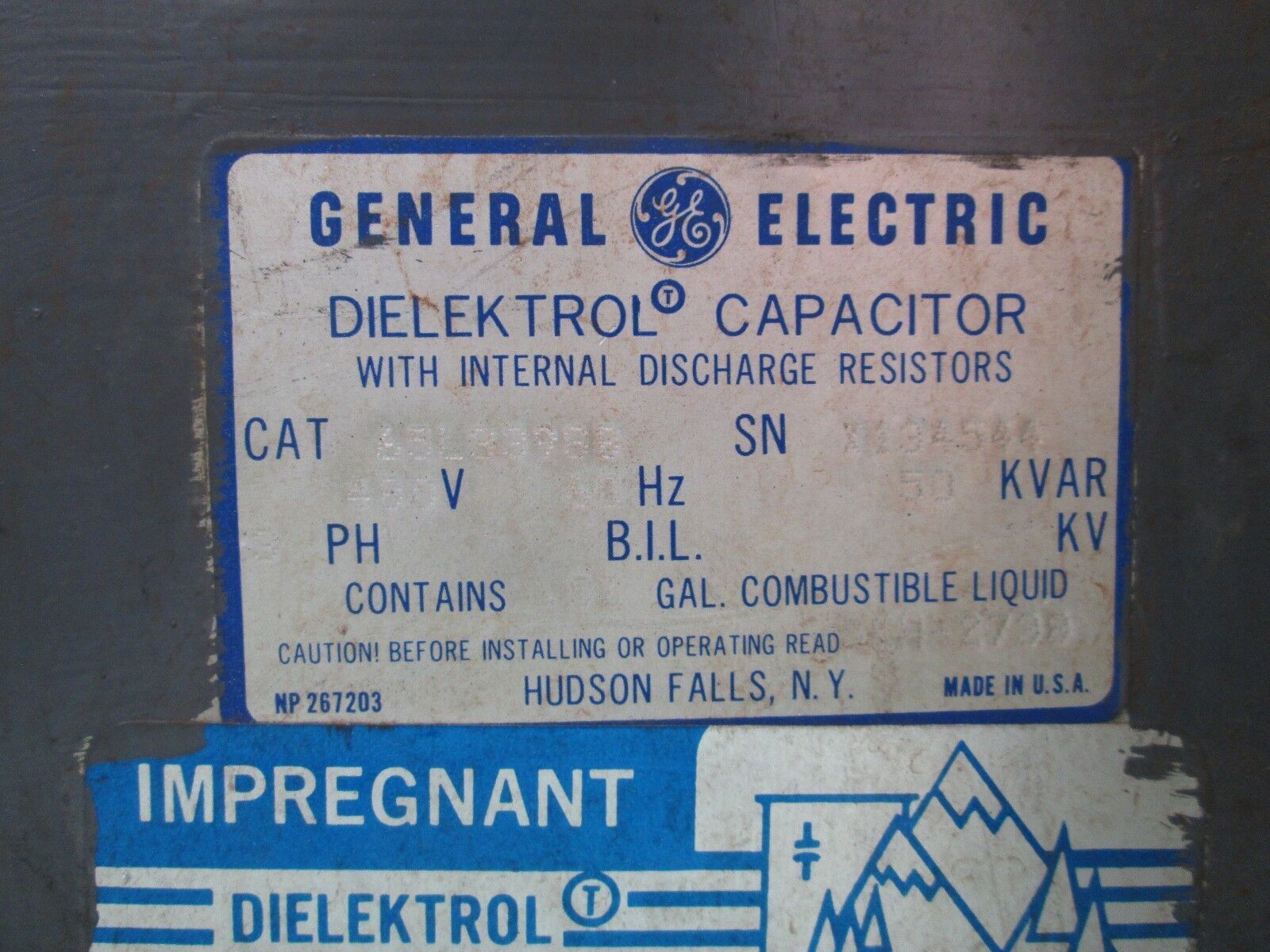 GE Dielektrol Capacitor 65L33988 50 KVAR 480V 60Hz 3Ph Used