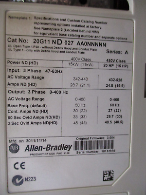 Allen-Bradley PowerFlex 755 AC Drive 20G11ND027AA0NNNNN 20HP 3Ph w/ Keypad Used