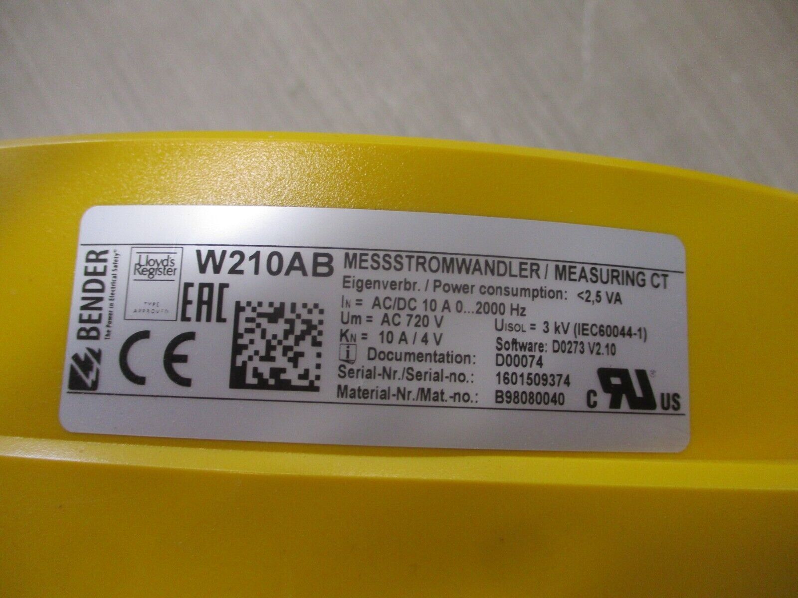 Bender Measuring Current Transformer W210AB 720V 10A 0-2000Hz Used
