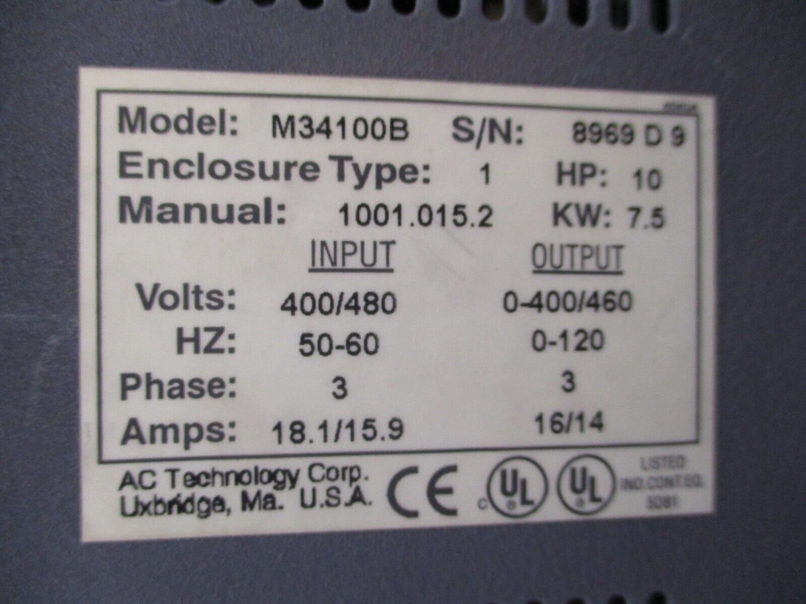 AC Tech MC Series Intelligent Drive M34100B 10HP 3Ph Used