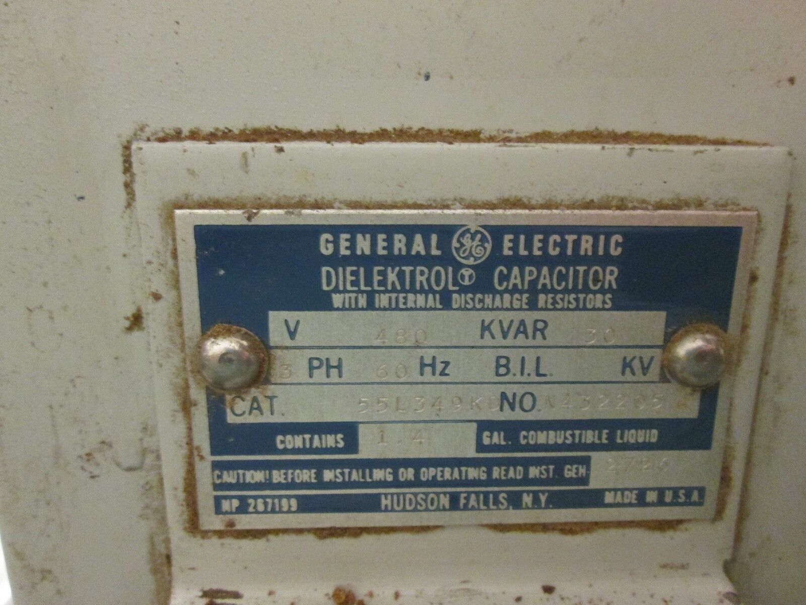 GE Dielektrol Capacitor 55L349KD 30KVAR 480V 60Hz 3Ph Used