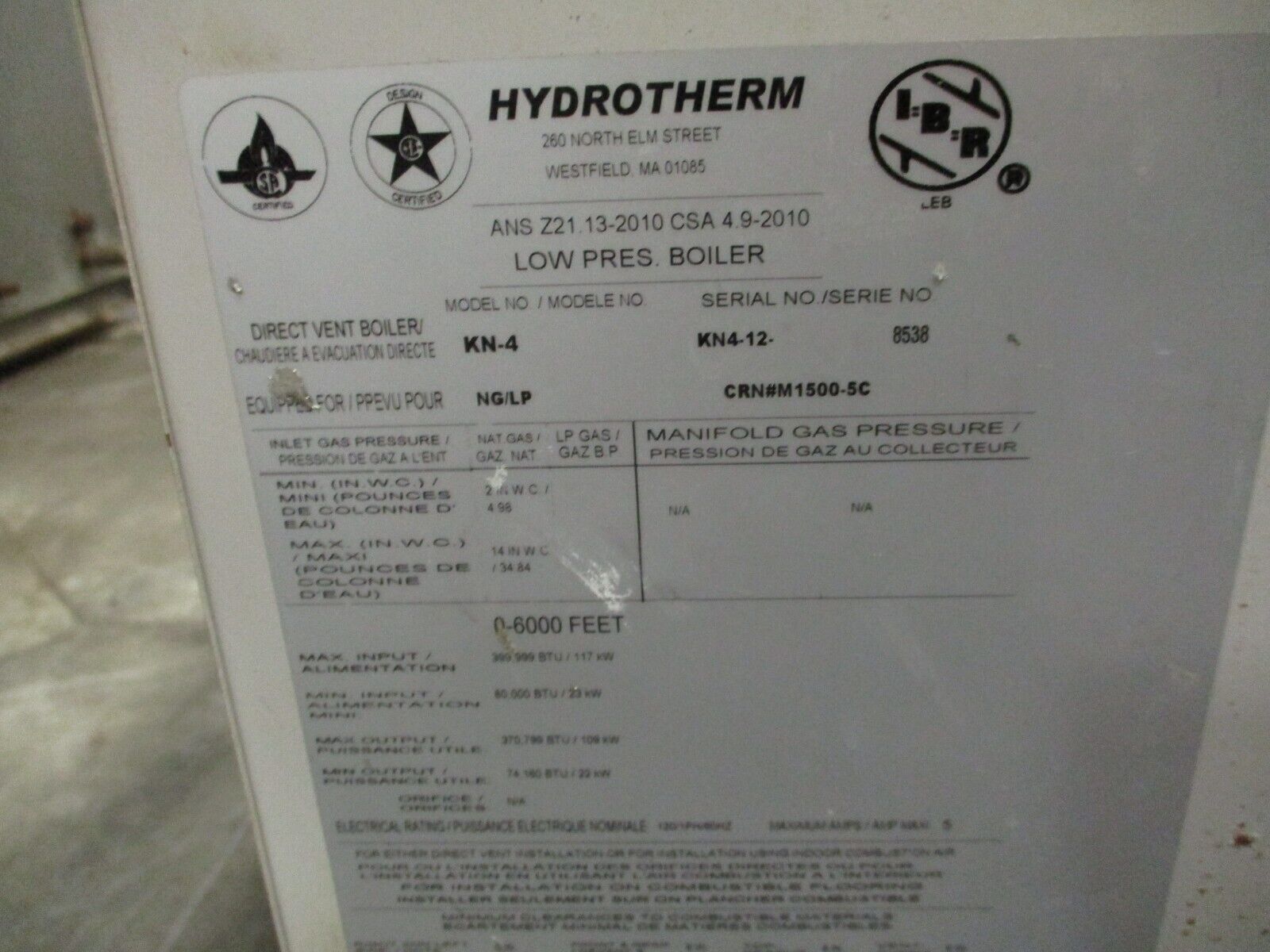 Hydrotherm Low Pressure Cast Iron Boiler KN-4 400,000 BTU Natural Gas 120V 1Ph