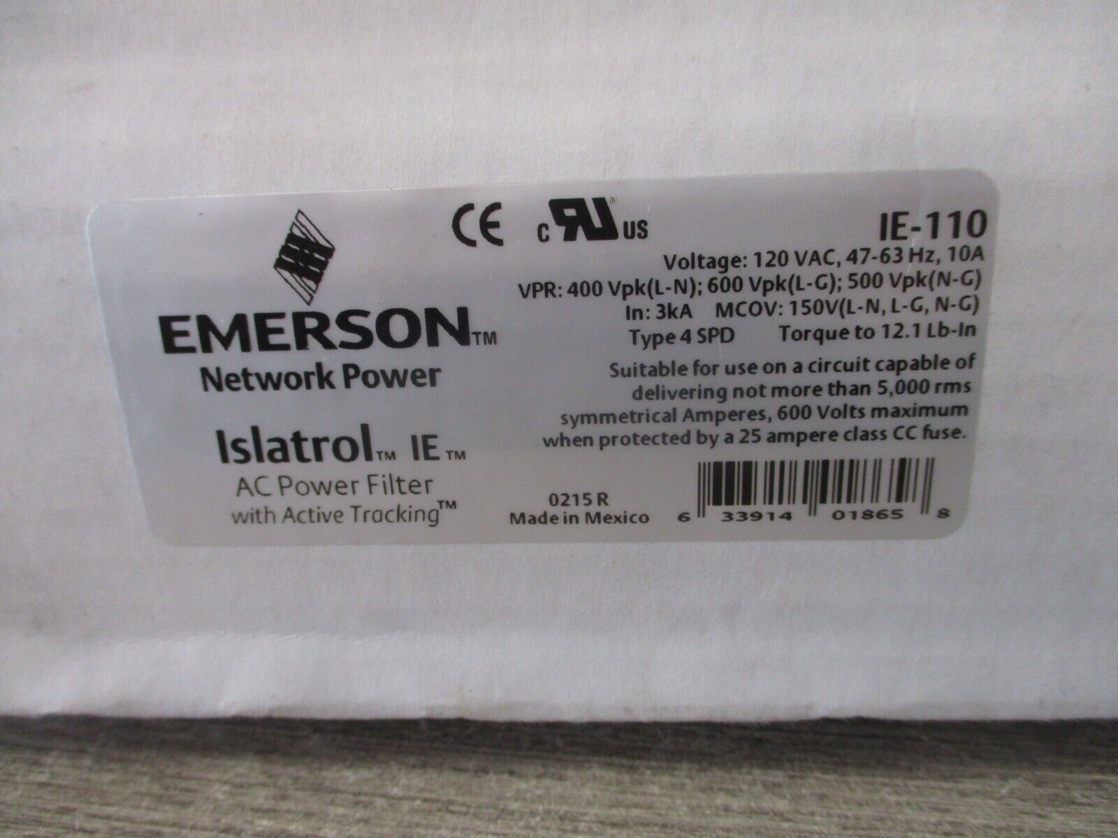 Emerson Islatrol IE AC Power Filter IE-110 120V 47-63 Hz 10A VPR: 400Vpk L-N