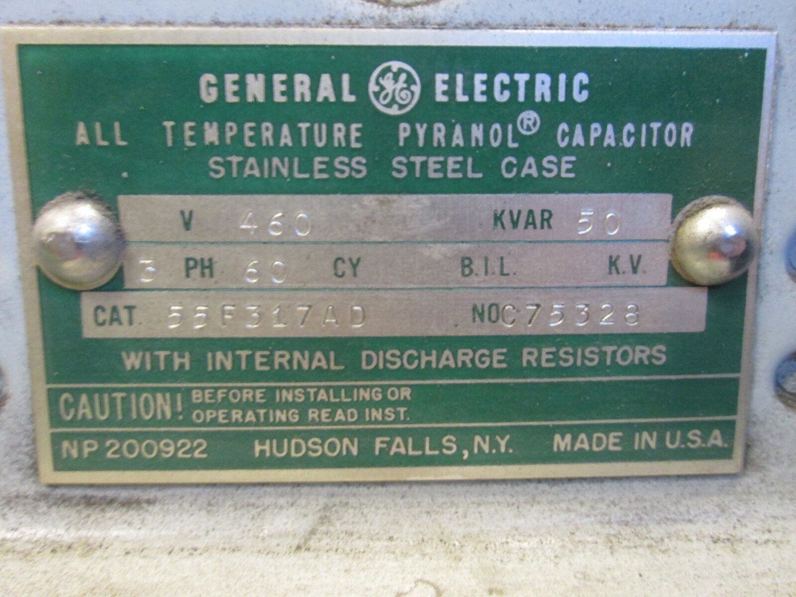 GE Capacitor 55F317AD 50 KVAR 460V 3Ph 60Hz Used