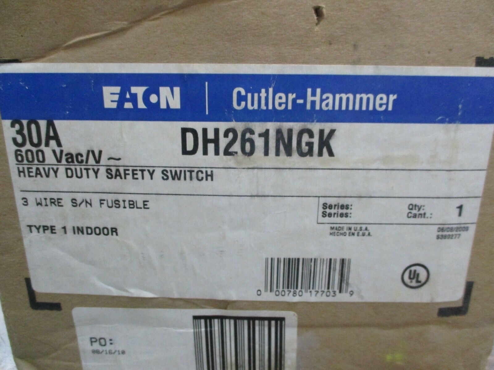 Eaton Fusible Safety Switch / Disconnect DH261NGK 30A 600V 3W New Surplus