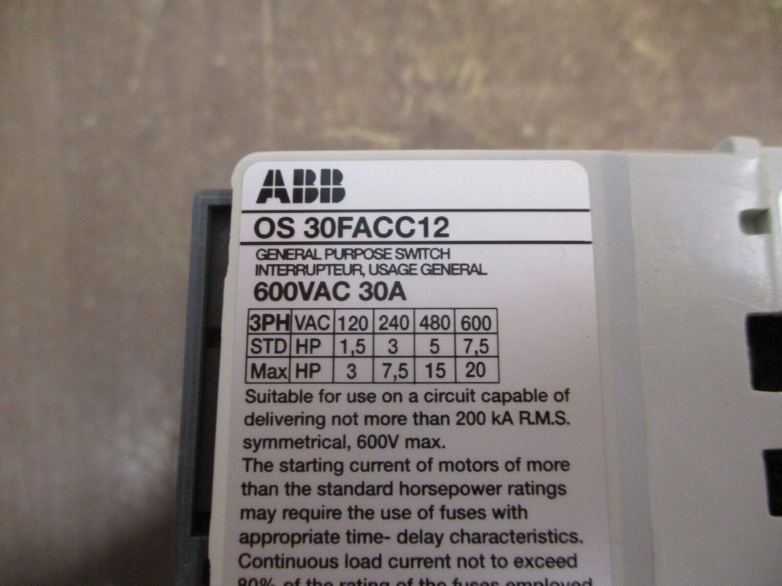 ABB Fusible Disconnect Switch OS30FACC12 30A 3P New Surplus