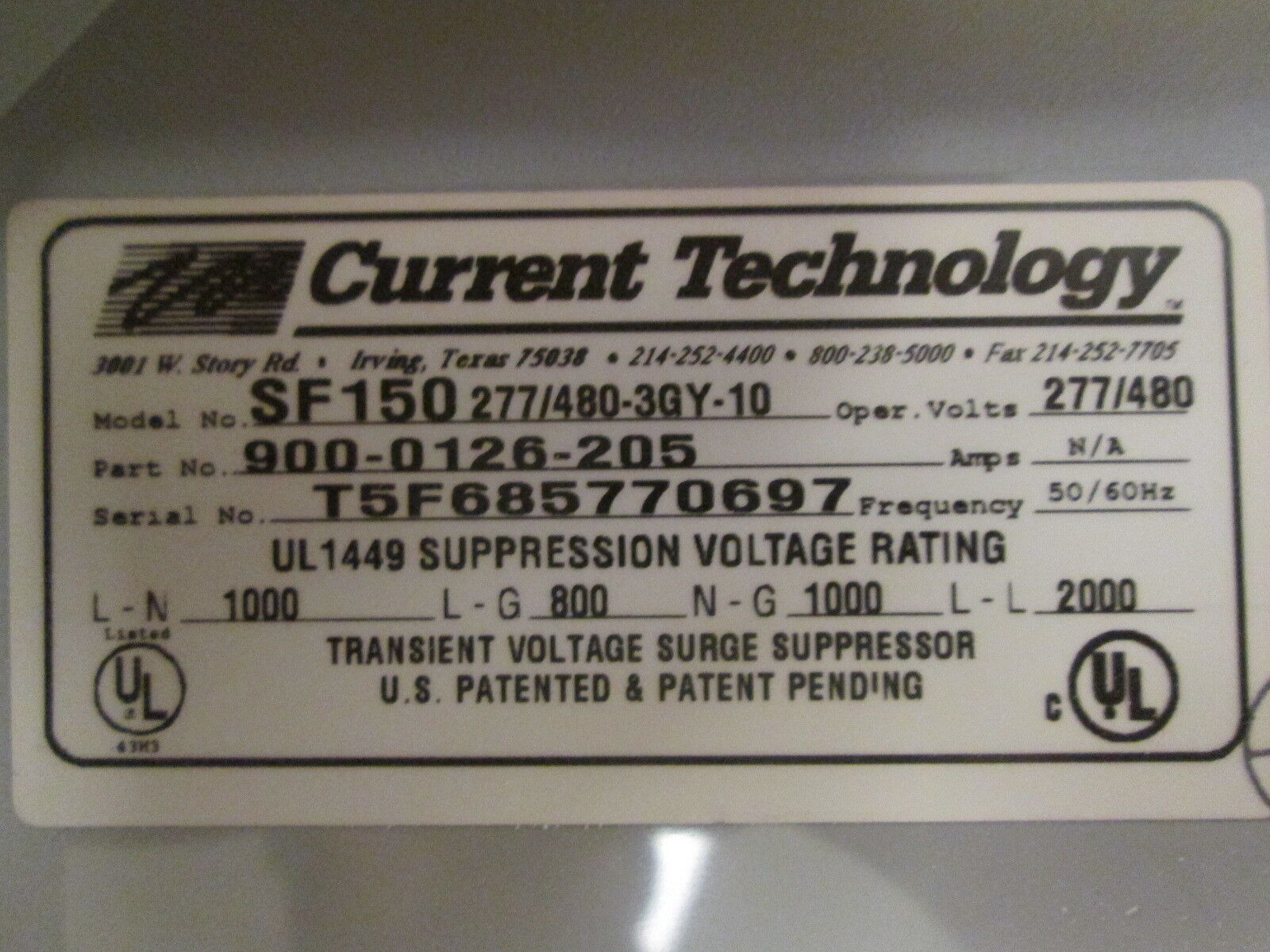 Current Technology SF150 Suppression Filter System SF150277/480-3GY-10 277/480V