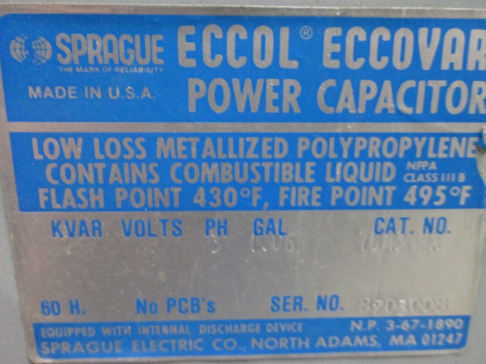 Eccol Eccovar Power Capacitor 125MYP431 125 KVAR 480V 3Ph 60Hz Used