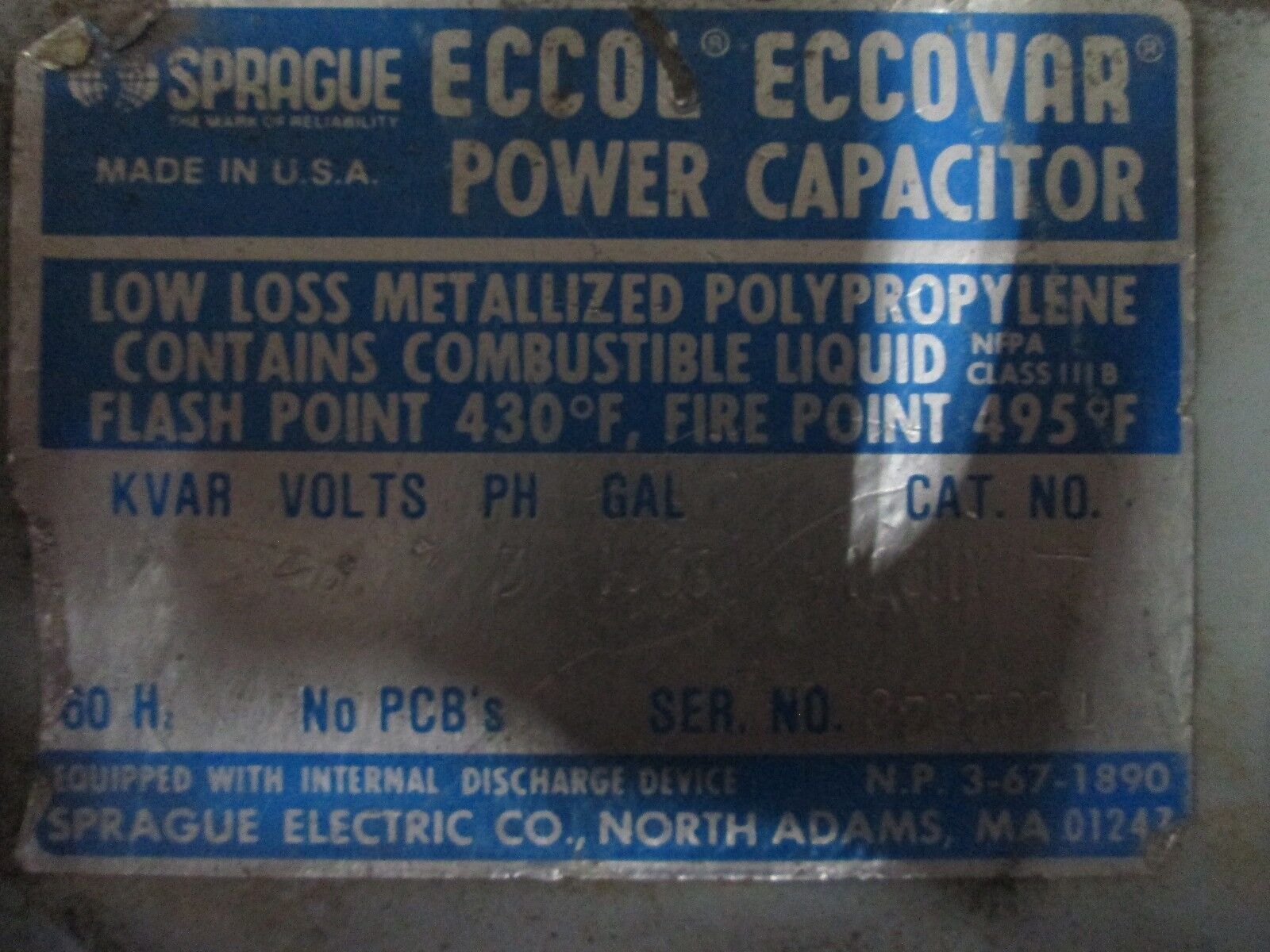 Eccol Eccovar Power Capacitor 125MYP431 125 KVAR 480V 3Ph 60Hz Used
