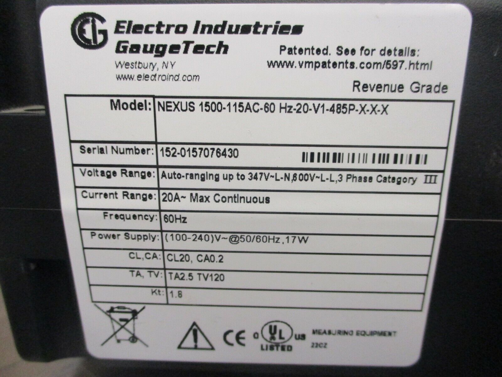 Electro Industries GaugeTech Nexus 1500 Power Meter 20A, 60Hz, 17W Used