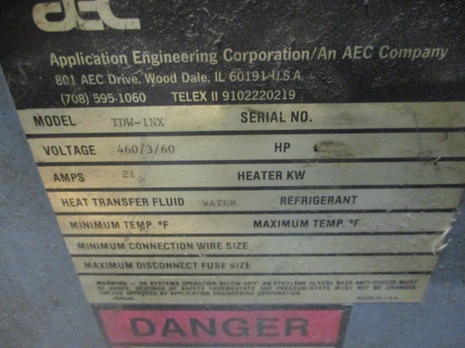 AEC Water Temperature Control Unit TDW-1NX 460V 3Ph 60Hz 21A Used