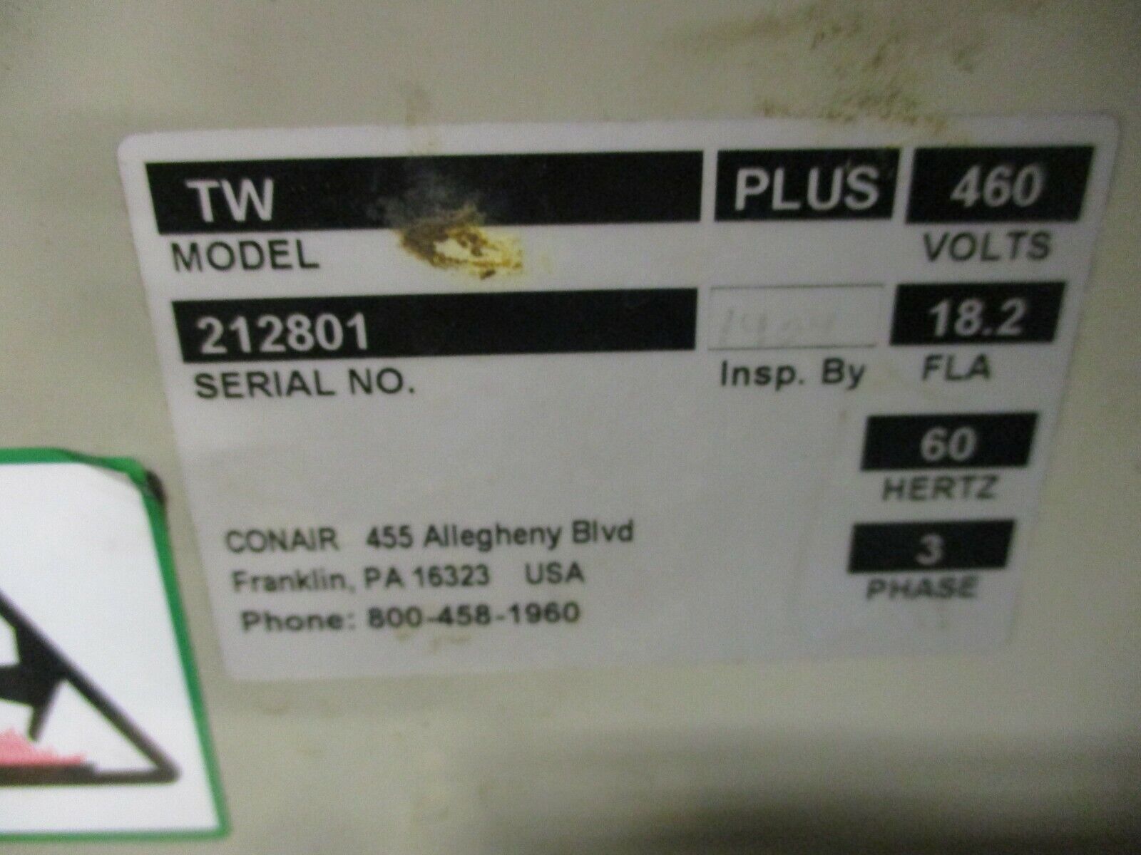Conair Thermolator TW PLUS Rev. BAAN 460V 3Ph 60Hz *Missing Control Unit* Used