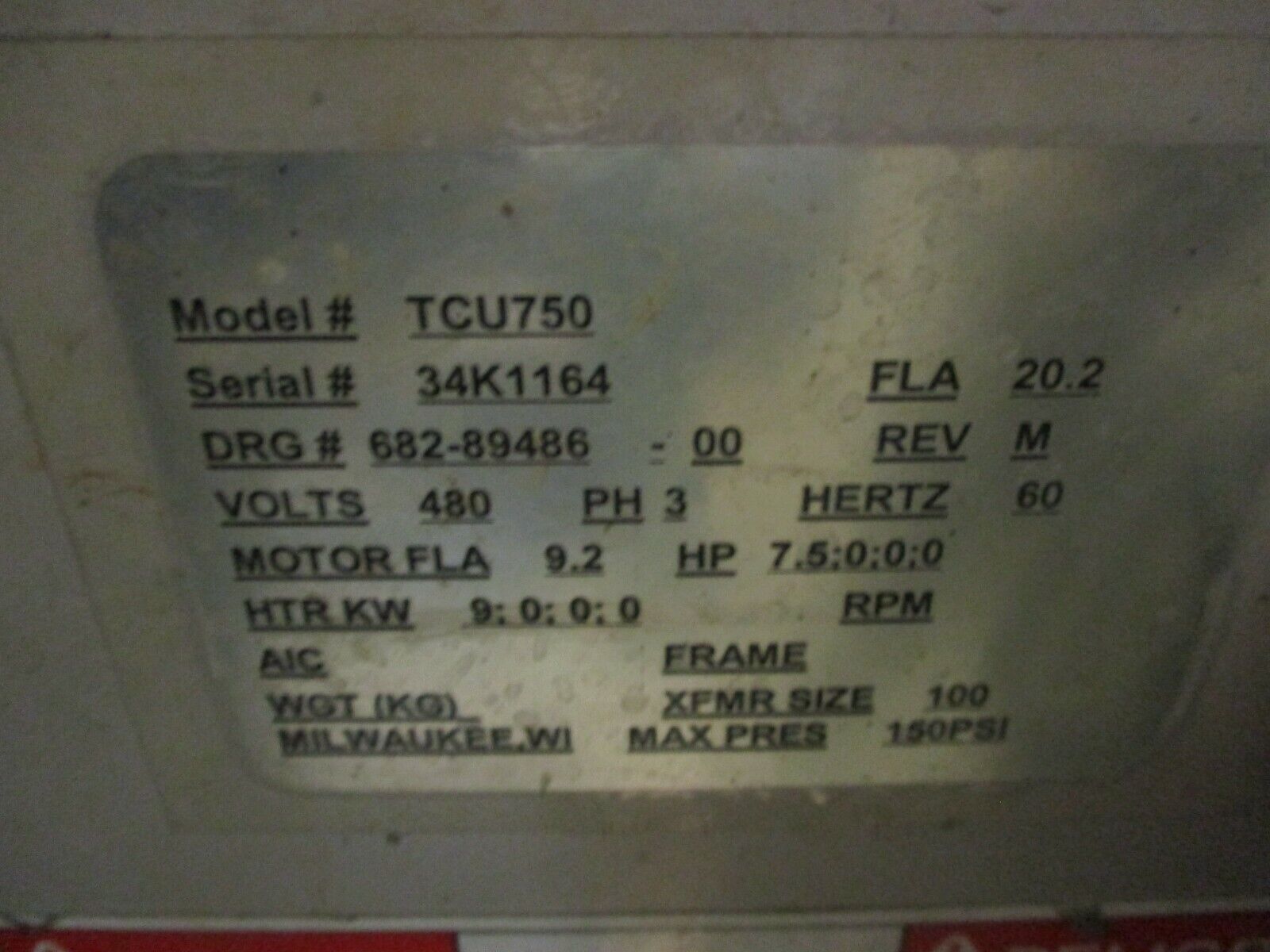 AEC Water Temperature Control Unit TCU750 9KW 480V 20.2A 3Ph 60Hz Used
