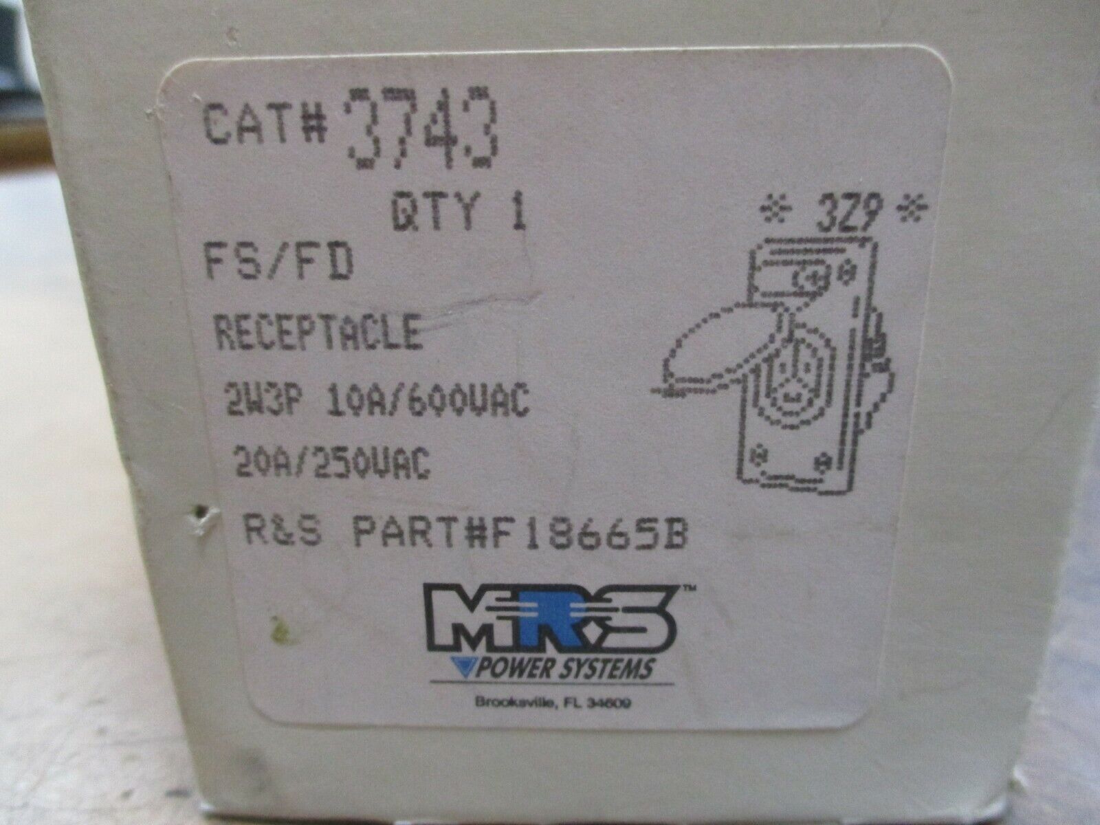 Russellstoll Receptacle 3743 10/20A 250/600V 2W 3P New Surplus