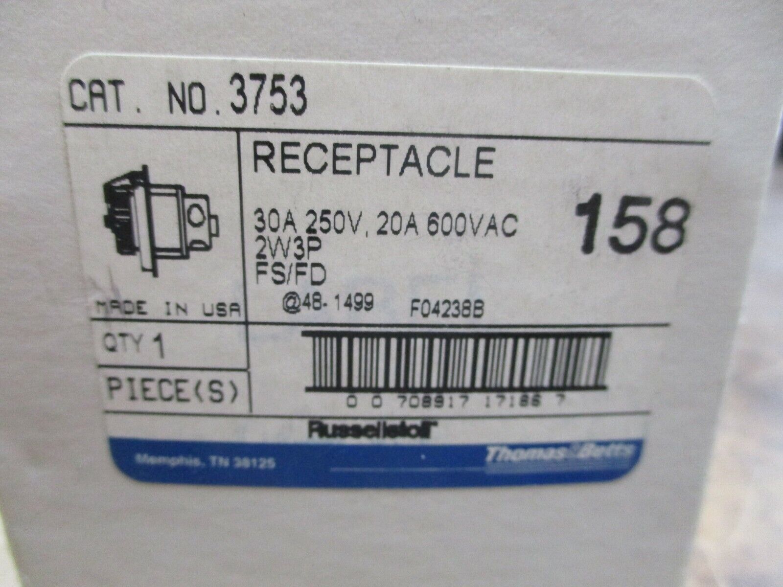 Russellstoll Receptacle 3753 20/30A 250/600V 2W 3P New Surplus