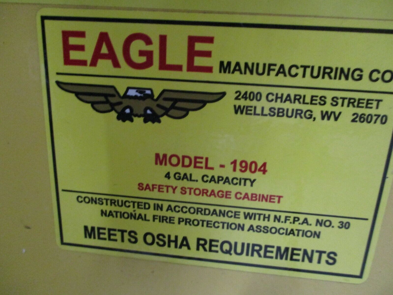 Eagle Manufacturing Safety Storage Cabinet 1904 4 Gal. Capacity Used