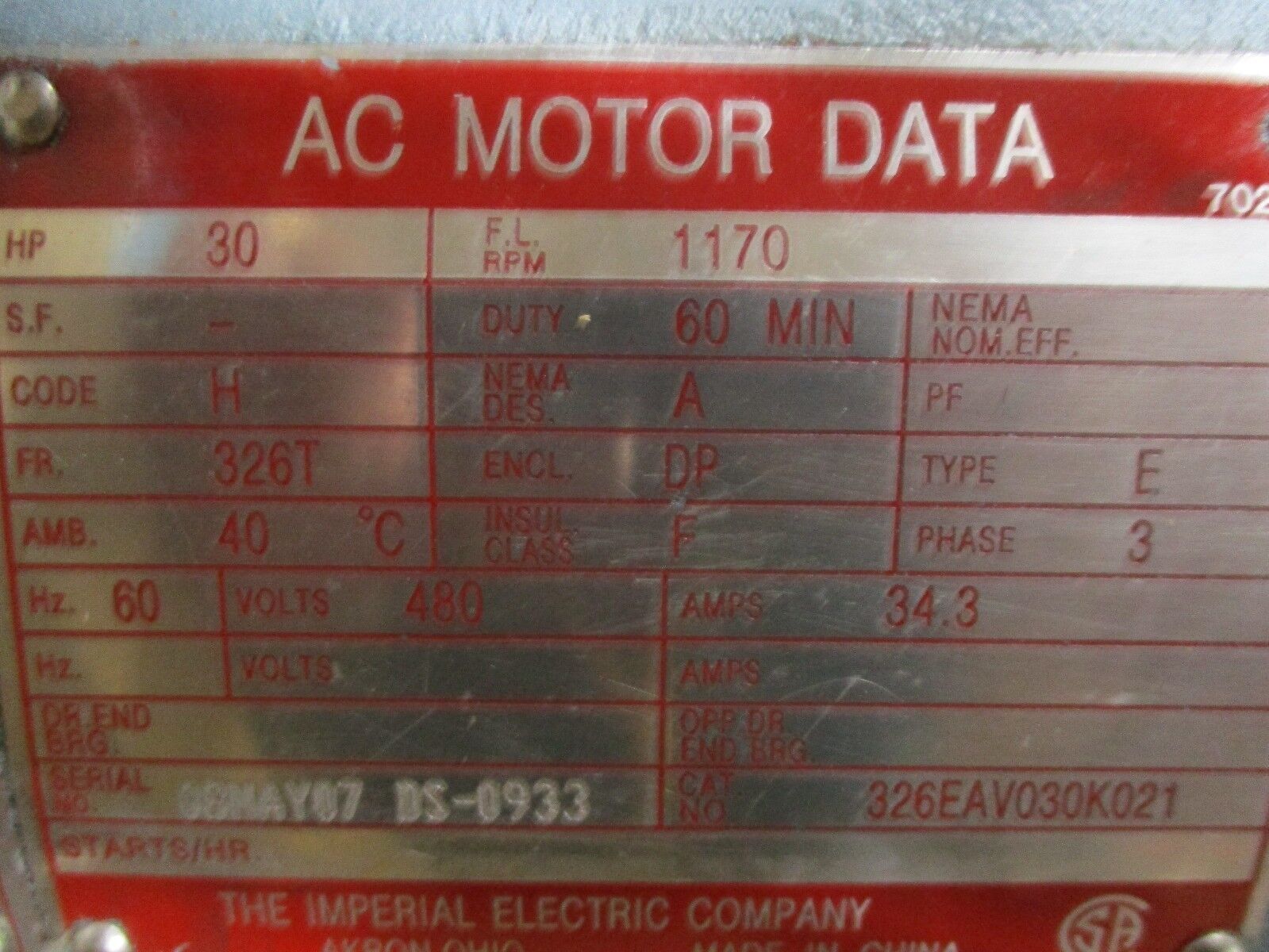 Imperial Electric AC Motor w/ Encoder326EAV030K021 30HP 1170RPM 480V New Surplus