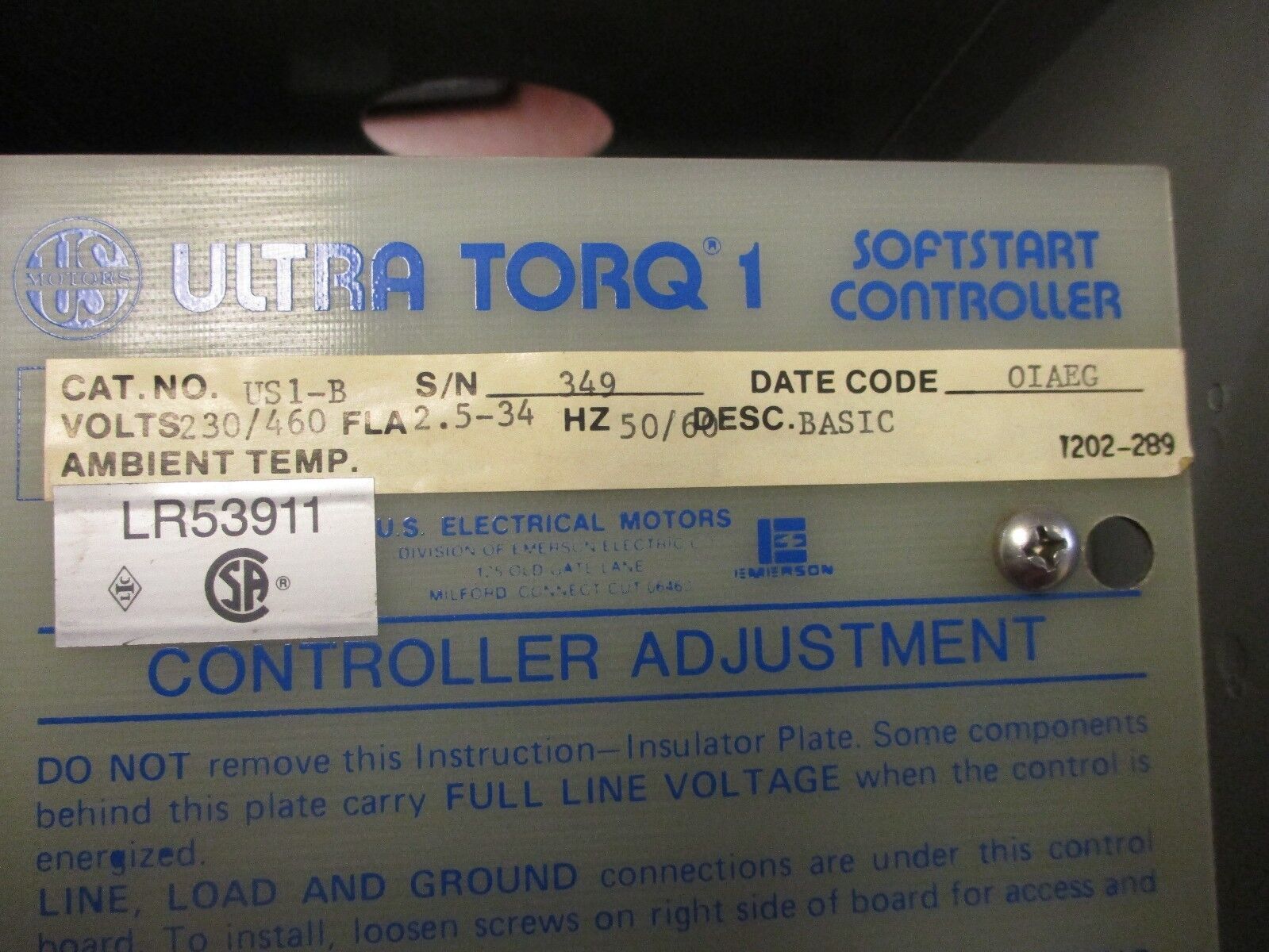 US Motors Ultra Torq 1 Soft Start Controller US1-B 230/460V 2.5-34A 50/60Hz Used