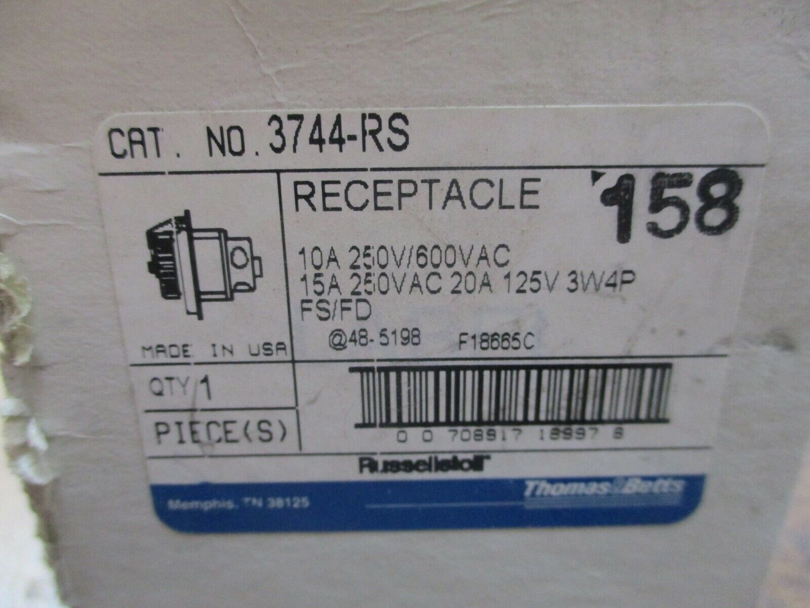 Russellstoll Receptacle 3744-RS 10/15A 125/250/600V 3W 4P New Surplus