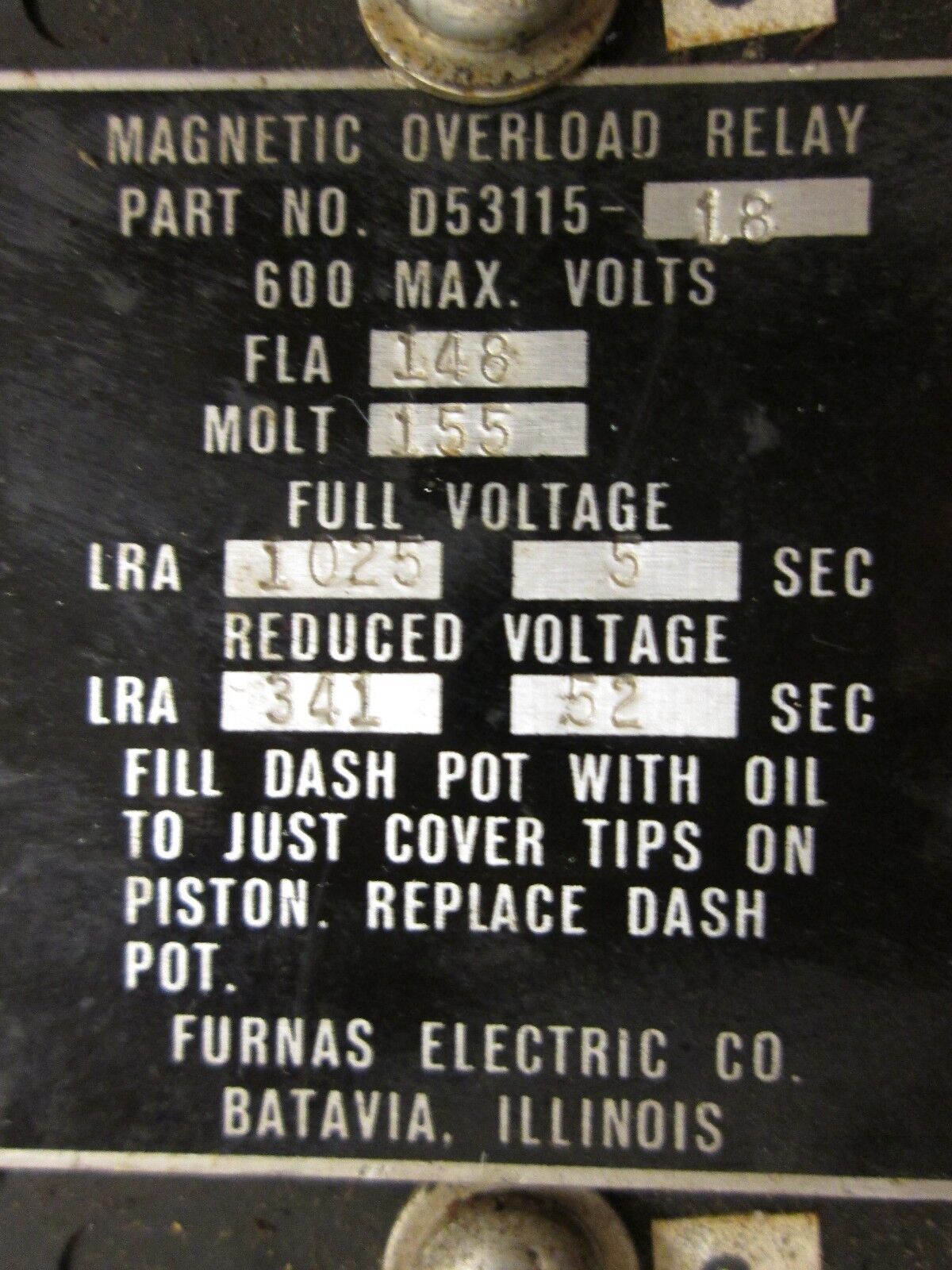 Furnas Magnetic Overload Relay D53115-18 600V Max Used