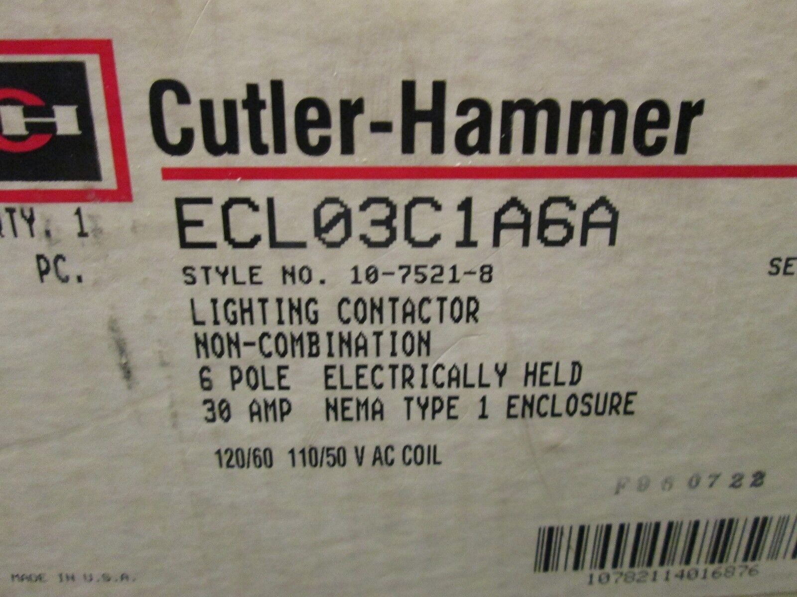 Cutler-Hammer 6 Pole Lighting Contactor ECL03C1A6A 30A *Electrically Held* New