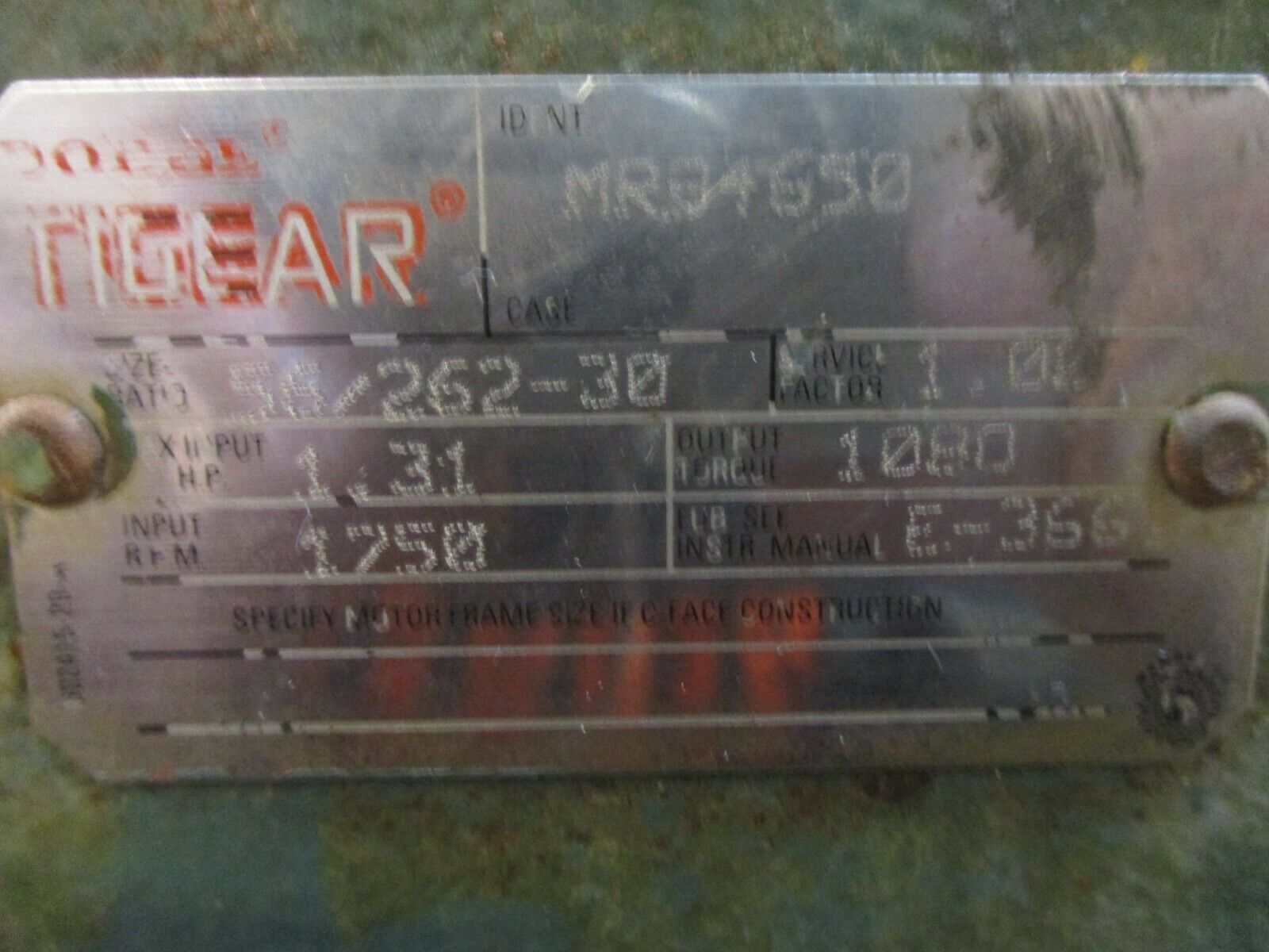 Dodge Tigear Reducer 56/262-30 Ratio 30:1 1.31HP In 1800 RPM In Used