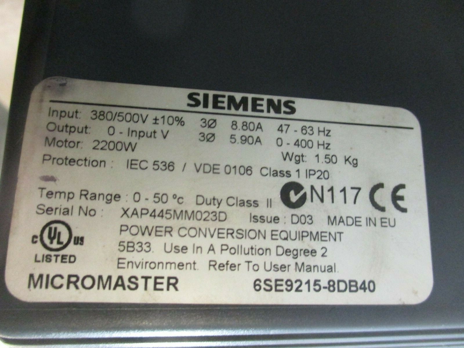 Siemens Micromaster AC Drive 6SE9215-8DB40 3HP 3Ph Used