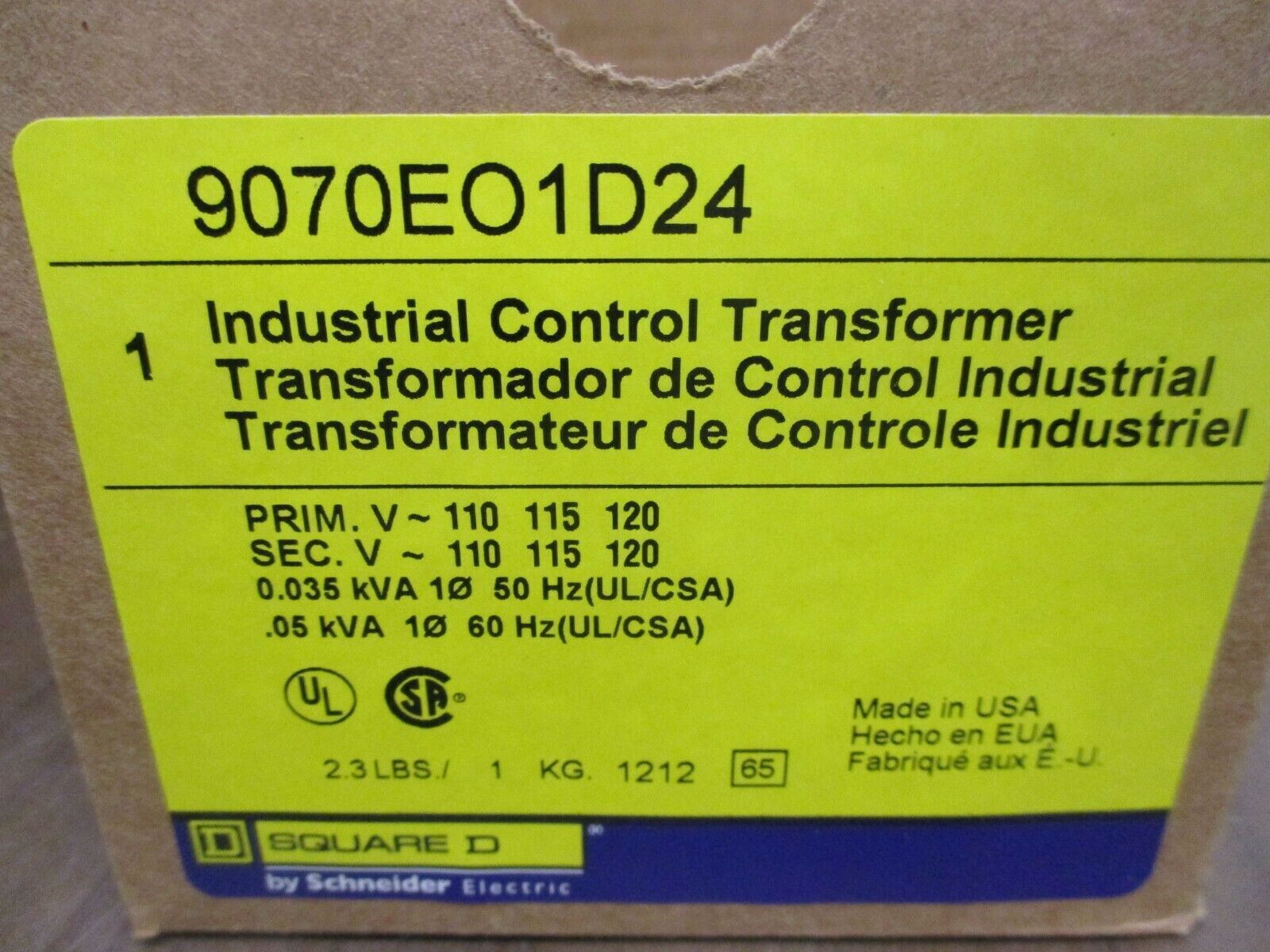 Square D Control Transformer 9070EO1D24 0.05kVA Pri:110/115/120V 1Ph New Surplus
