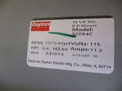 Dayton Blower W+H DD10-10A .50 CW CC 115V 11.2A 60HZ 3/4HP Used