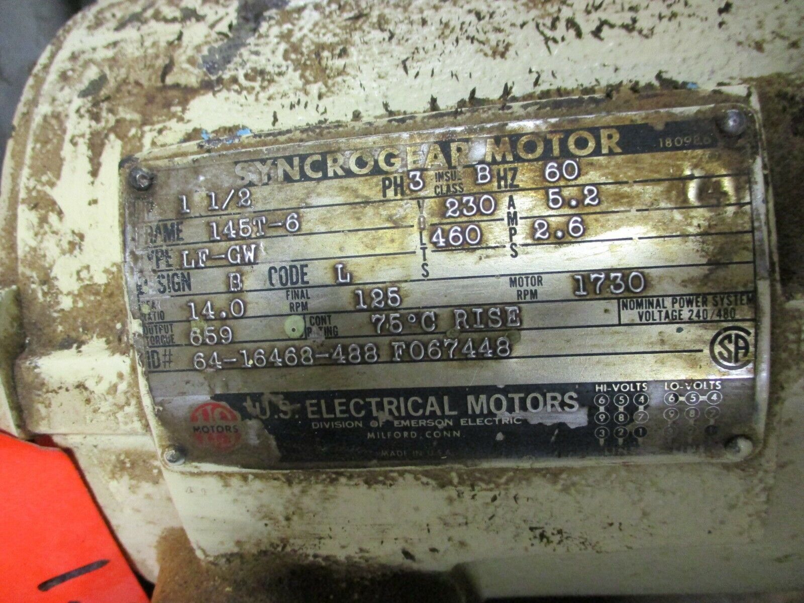 US Motors Syncrogear Motor 64-16468-488 F067448 Ratio: 14:1 1.5HP 1800RPM 3Ph