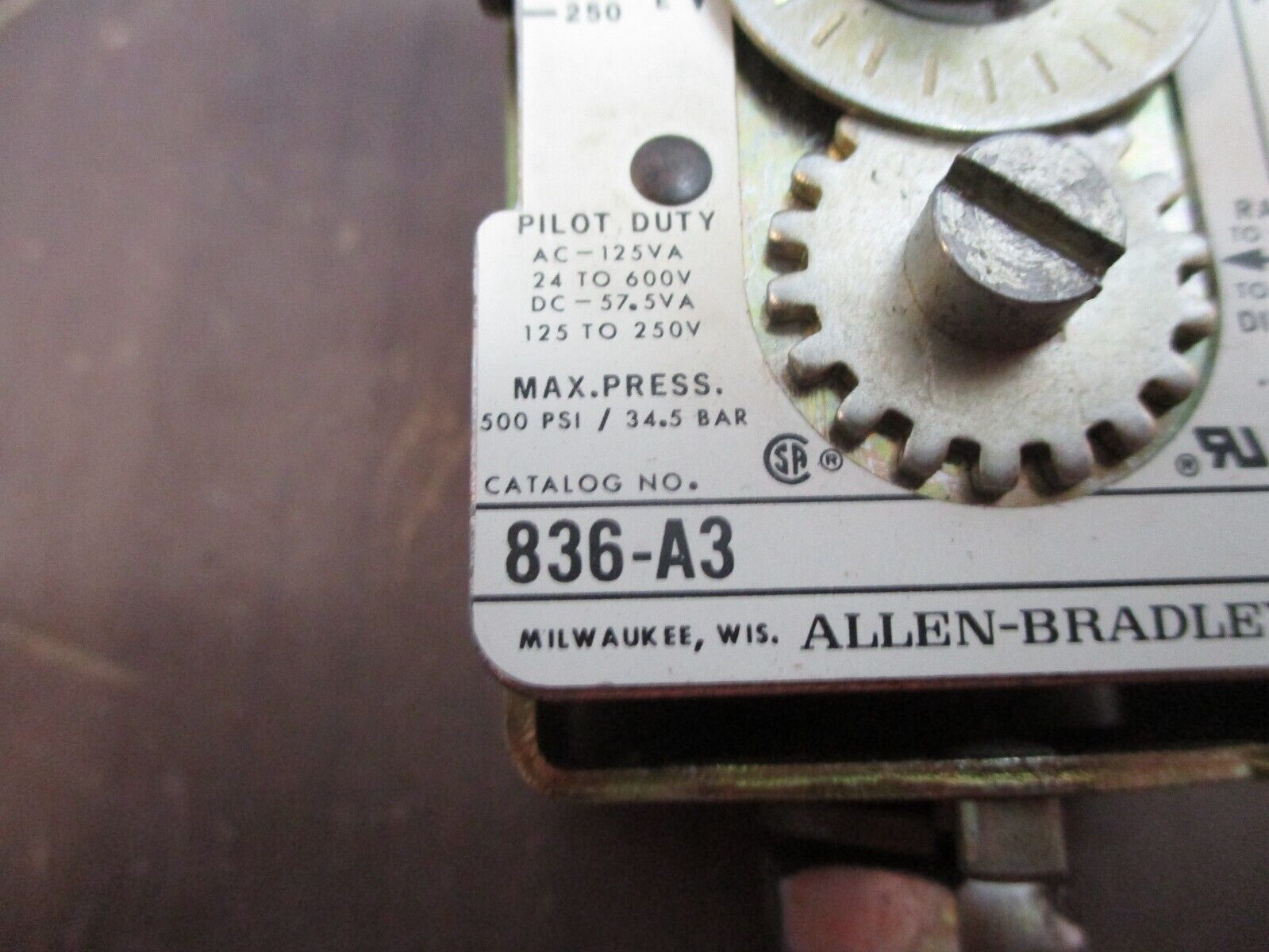 Allen-Bradley Pressure Control 836-A3 Ser. A Range: 0-250PSI New Surplus