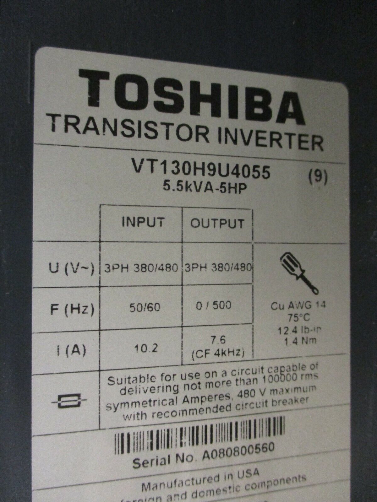Toshiba H9 AC Drive VT130H9U4055 5HP 3Ph w/ Keypad *Broken Cover* Used