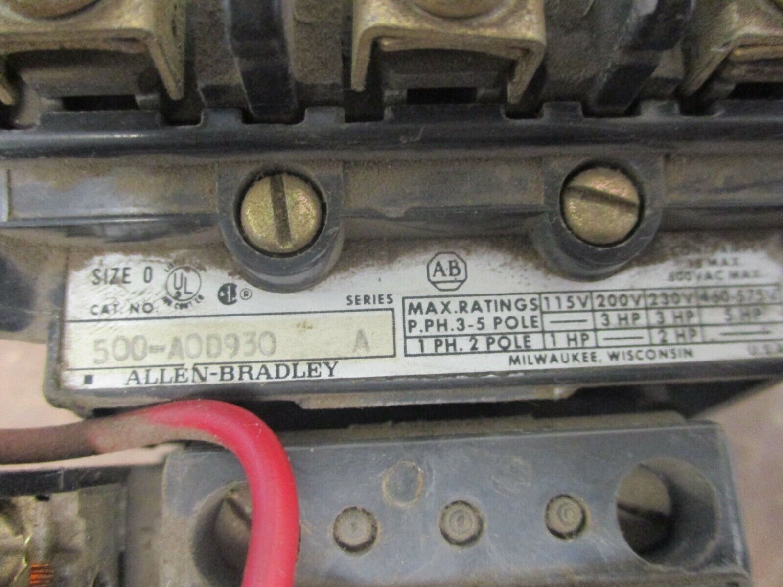 Allen-Bradley Size 0 Contactor 500-AOD930 Ser. A 115-120V Coil Used